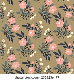 Seamless floral pattern, vintage flower print with autumn botany. Delicate botanical design with wild plants: hand drawn flowers, twigs, herbs and leaves on a brown background. Vector illustration.