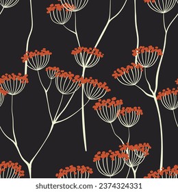 Seamless floral pattern, vintage flower print with sketch drawing wild plants. Elegant botanical design with hand drawn thin branches, small flowers on a dark black background. Vector illustration.