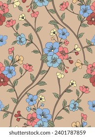 Seamless floral pattern, vintage flower print with wild plants. Beautiful botanical design with large hand drawn flowers, small flowers on a branch, leaves on a light background. Vector illustration.