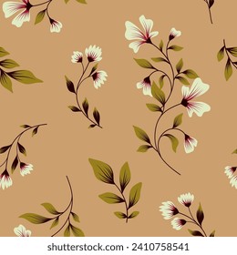 Seamless floral pattern, vintage flower print of wild plants. Elegant classic botanical design: hand drawn flowers, leaves, branches abstract on a beige background. Seasoned style, vector illustration