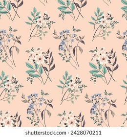 Nahtloses Blumenmuster, Vintage-Blumenprint im romantischen Stil. Feines botanisches Design: handgezeichnete Blumen, Blätter, Blumensträuße in einer abstrakten Komposition auf rosa Hintergrund. Vektorgrafik