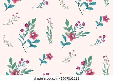 Patrón floral sin fisuras, impresión de la flor de la vendimia, ornamento abstracto en el motivo popular. Elegante diseño botánico en una paleta fría: flores dibujadas a mano, hojas, ramas Pequeñas, ramos. Ilustración vectorial.