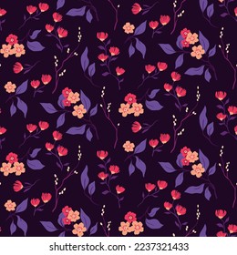 Seamless floral pattern with vintage Japanese garden. Elegant botanical print, flower background design in purple colors: hand drawn small flowers, leaves, tiny branches. Vector illustration.