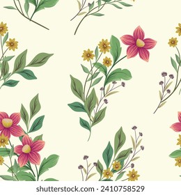 Seamless floral pattern, vintage nature print with wild plants bunches. Elegant botanical design: large hand drawn flowers, herbs, leaves on a white background. Vector illustration, old fashion print.