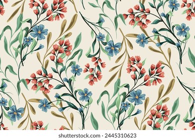 Seamless floral pattern, vintage nature wallpaper print, abstract ornament of wild plants. Elegant botanical design: hand drawn flowers, branches, large leaves in a classic style. Vector illustration.