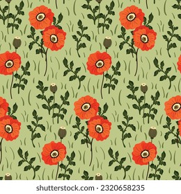 Patrón floral sin fisuras, impresión vintage y anticuada con grandes amapolas rojas. Diseño botánico para tela, papel: plantas silvestres dibujadas a mano, flores, hojas sobre fondo verde. Ilustración del vector