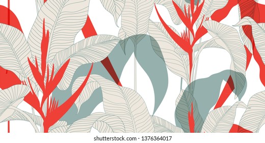 Seamless floral pattern in vintage oriental style. Exotic leaves with red Heliconia flowers on a light background. Vector illustration