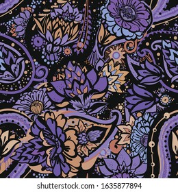 Seamless floral pattern in vintage oriental paisley style. Decorative fantasy floral pattern with floral elements for fabric, tapestry, wallpaper.