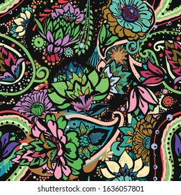 Seamless floral pattern in vintage oriental paisley style. Decorative fantasy floral pattern with floral elements for fabric, tapestry, wallpaper.