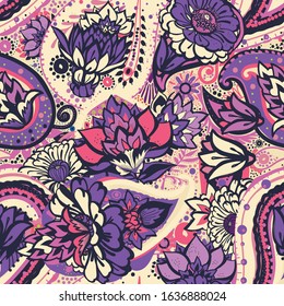 Seamless floral pattern in vintage oriental paisley style. Decorative fantasy floral pattern with floral elements for fabric, tapestry, wallpaper.