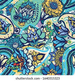 Seamless floral pattern in vintage oriental paisley style. Decorative fantasy floral pattern with floral elements for fabric, tapestry, wallpaper.