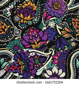 Decoración floral sin fisuras, estilo cachemir oriental. Diseño floral de fantasía decorativa con elementos florales para tela, tapicería, tapicería.