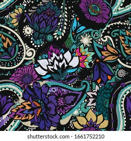 Decoración floral sin fisuras, estilo cachemir oriental. Diseño floral de fantasía decorativa con elementos florales para tela, tapicería, tapicería.