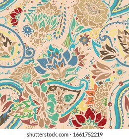 Decoración floral sin fisuras, estilo cachemir oriental. Diseño floral de fantasía decorativa con elementos florales para tela, tapicería, tapicería.