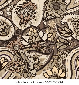 Decoración floral sin fisuras, estilo cachemir oriental. Diseño floral de fantasía decorativa con elementos florales para tela, tapicería, tapicería.