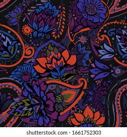 Decoración floral sin fisuras, estilo cachemir oriental. Diseño floral de fantasía decorativa con elementos florales para tela, tapicería, tapicería.