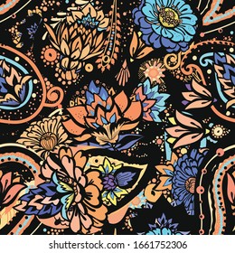 Seamless floral pattern in vintage oriental paisley style. Decorative fantasy floral pattern with floral elements for fabric, tapestry, wallpaper.