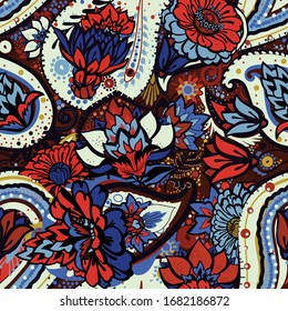 Decoración floral sin fisuras, estilo cachemir oriental. Diseño floral de fantasía decorativa con elementos florales para tela, tapicería, tapicería.
