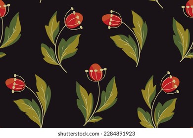 Seamless floral pattern, vintage print with large decorative art plants on a black background. Folk botanical design with wild berries on branches, leaves on a dark field. Vector illustration.