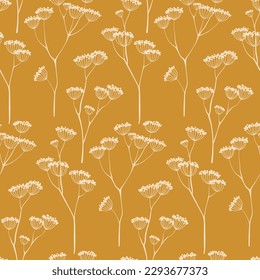 Seamless floral pattern, vintage print with sketch plants. Botanical design for fabric, paper with hand drawn wild flowers: thin branches with small flowers on a yellow background. Vector illustration