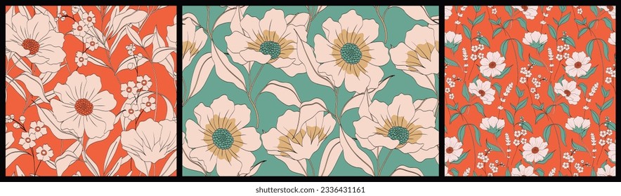 Seamless floral pattern, vintage print with drawing of wild flowers in a set. Simple botanical design with large hand drawn flowers, leaves, branches in a limited color palette. Vector illustration.