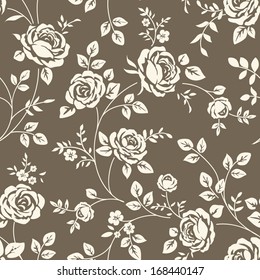 Seamless floral pattern with vintage rose silhouette on brown background. Vector wallpaper with blooming flowers and leaves