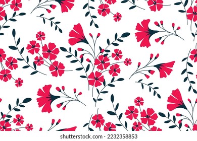 Seamless floral pattern with vintage rustic motif. Elegant flower print, abstract arrangement of wild plants: small red flowers, leaves, twigs on a white background. Vector botanical illustration.