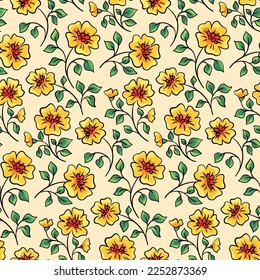 Seamless floral pattern, vintage spring print with small wild plants in yellow colors. Cute botanical background: hand drawn flowers branches, leaves with rustic motif. Vector illustration.
