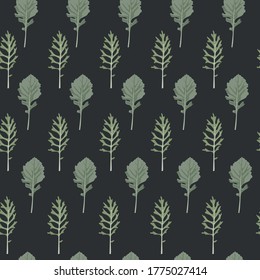 Seamless floral pattern in vintage style. Leaves and herbs. Botanical illustration. Design elements. Black background.