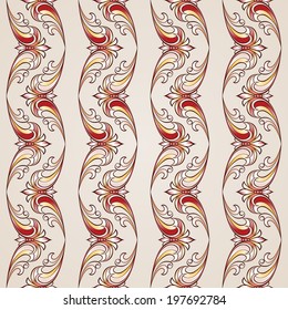 Seamless floral pattern in vintage style. Illustration in red, golden and rose pink shades