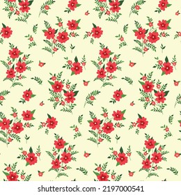 
Seamless floral pattern, vintage style ditsy print with small red flowers on a light field. Romantic botanical background with small plants, flowers and leaves in an abstract composition. Vector.