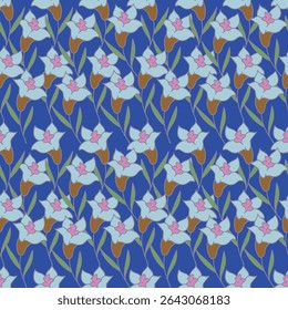 Seamless floral pattern, vintage style ditsy print with decorative flowers branches. Abstract composition of thin twigs with flowers and leaves on a red background. Vector illustration.