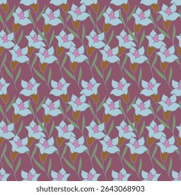 Seamless floral pattern, vintage style ditsy print with decorative flowers branches. Abstract composition of thin twigs with flowers and leaves on a red background. Vector illustration.