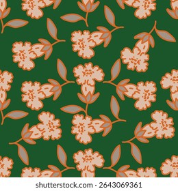 Padrão floral contínuo, estilo vintage ditsy impressão com ramos de flores decorativas. Composição abstrata de ramos finos com flores e folhas sobre um fundo vermelho. Ilustração vetorial.