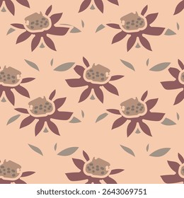 Seamless floral pattern, vintage style ditsy print with decorative flowers branches. Abstract composition of thin twigs with flowers and leaves on a red background. Vector illustration.