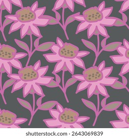 Seamless floral pattern, vintage style ditsy print with decorative flowers branches. Abstract composition of thin twigs with flowers and leaves on a red background. Vector illustration.