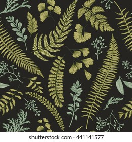 Seamless floral pattern in vintage style. Leaves and herbs. Botanical illustration. Boxwood, seeded eucalyptus, fern, maidenhair. Vector design elements.