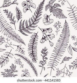 Seamless floral pattern in vintage style. Leaves and herbs. Botanical illustration. Boxwood, seeded eucalyptus, fern, maidenhair. Vector design elements.