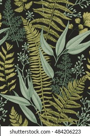 Seamless floral pattern in vintage style. Leaves and plants. Botanical illustration. Vector.