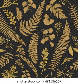 Seamless floral pattern in vintage style. Golden leaves and grass on a black background.  Vector design elements.