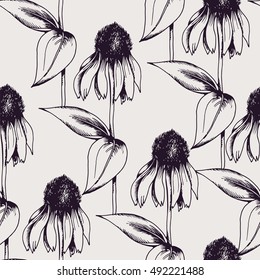 Seamless floral pattern in vintage style, flowers, leaves and herbs, botanical illustration, vector design