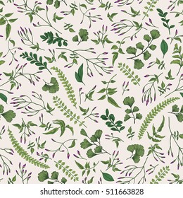 Seamless floral pattern in vintage style. Leaves and herbs. Botanical illustration. Vector design elements. - Shutterstock ID 511663828