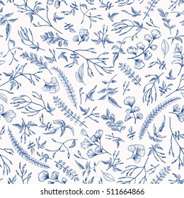 Seamless floral pattern in vintage style. Leaves and herbs in blue. Botanical illustration. Vector design elements.