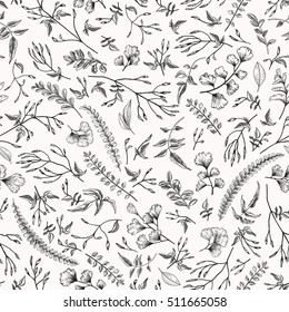 Seamless floral pattern in vintage style. Leaves and herbs. Botanical illustration. Vector design elements.Black and white. Engraving.