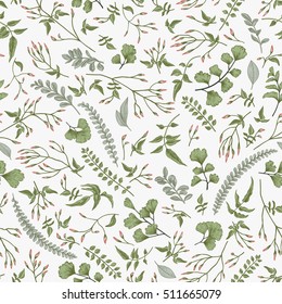 Seamless floral pattern in vintage style. Leaves and herbs. Botanical illustration. Vector design elements. - Shutterstock ID 511665079