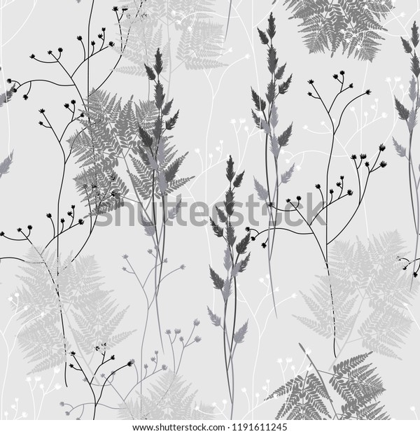 ビンテージスタイルのシームレスな花柄 葉とハーブ 植物イラスト 細い繊細な線のシルエットが違う グレイの背景 のベクター画像素材 ロイヤリティフリー 1191611245