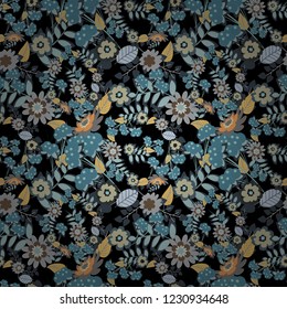 Seamless floral pattern. Vintage vector ornament in blue, gray and black tones. Use for wallpaper, printing on the packaging paper, textiles.