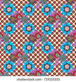 Seamless floral pattern. Vintage vector ornament in blue, pink and beige tones. Use for wallpaper, printing on the packaging paper, textiles.