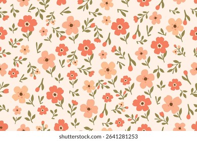 Seamless floral pattern with vintage-style red, peach, and cream flowers and green leaves on a beige background. Perfect for wallpaper, fabric, or stationery.