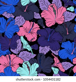 Seamless floral pattern in violet, black and blue colors with motley hibiscus flowers. Vector illustration.